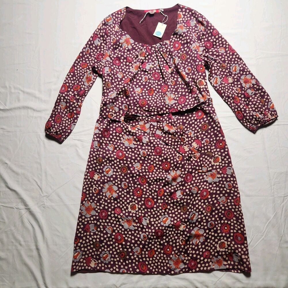 NWT Boden	Womens 12 L Silk Florentine Floral  Dress Purple and Pink